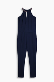 Esprit Elegante crêpe-jumpsuit, hals met kraaltjes Navy for Women
