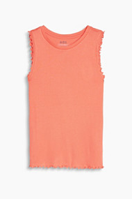 Esprit Top van geribde jersey met ruches Coral Orange for Women